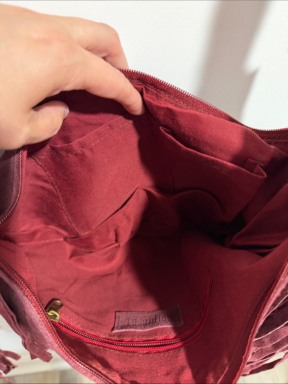 Sorpresa Genuine Leather Suede Fringe Hobo Shoulder Bag in Wine - Picture 7 of 11